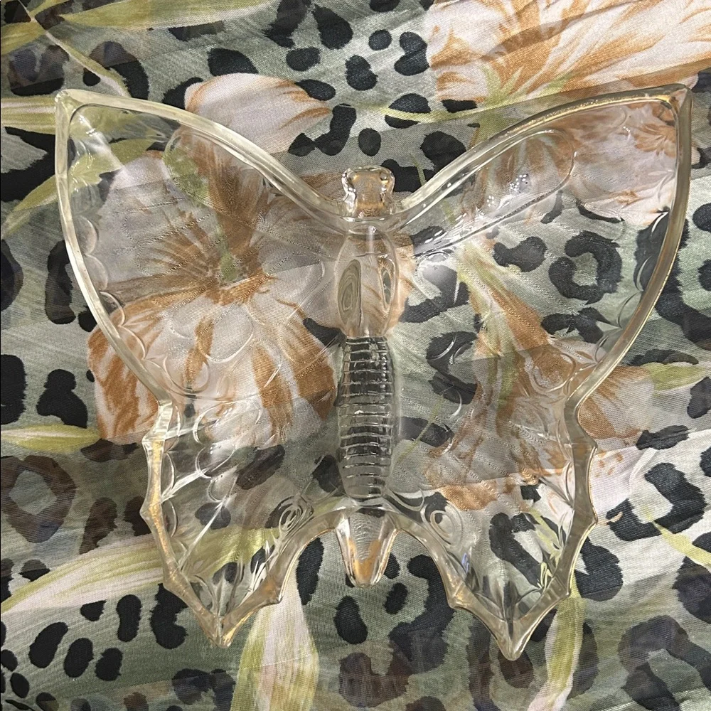 1960s Glass Butterfly Dish With Gold Rim Retro Vintage Trinket Jewelry Dish